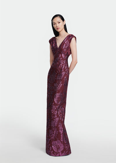 Floral Fil Coupe V-Neck Gown