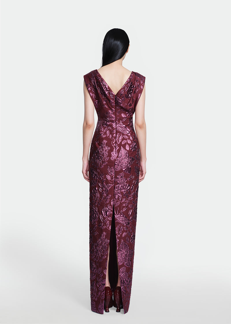 Floral Fil Coupe V-Neck Gown