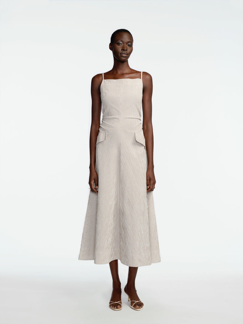 Striped Seersucker Tucked Midi Dress Mocha / 0 / PF269599 Striped Seersucker Tucked Midi Dress Mocha / 0 / PF269599