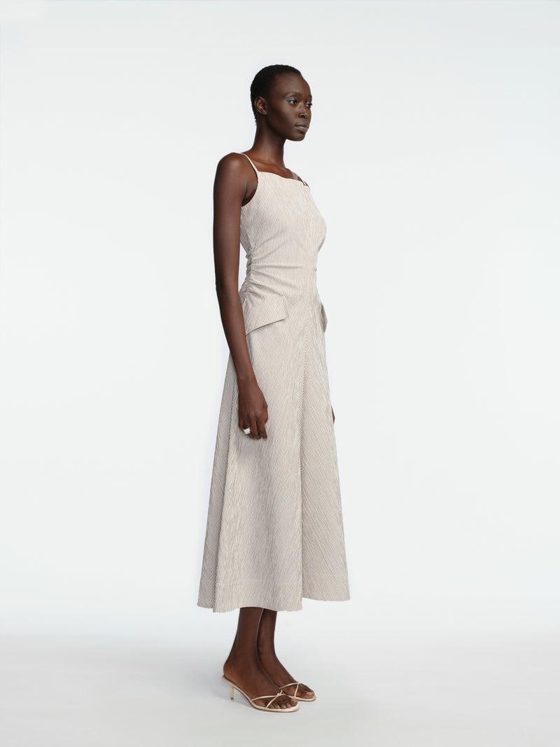 seersucker midi dress Striped Seersucker Tucked Midi Dress Mocha / 0 / PF269599