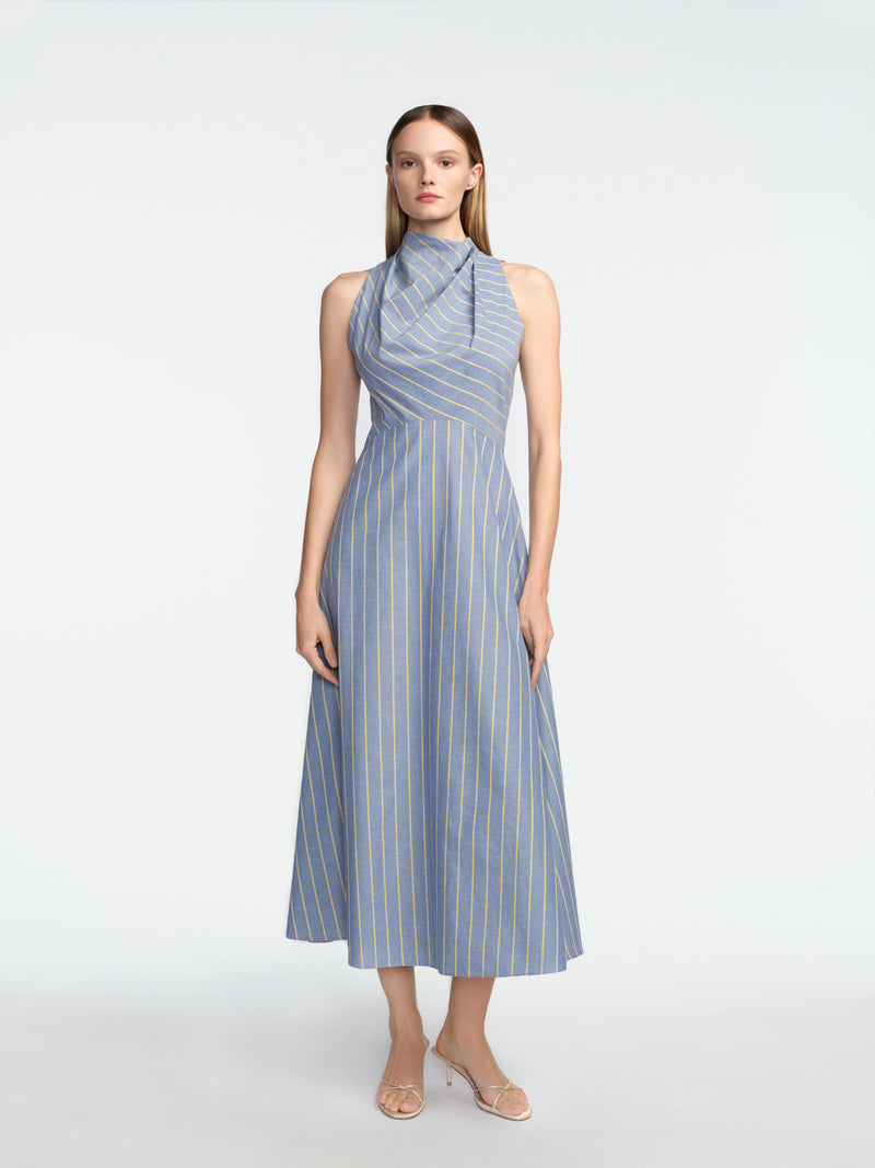 Striped Heathered Cotton Draped Halter Dress Bluebell / 16 / PF269569 Striped Heathered Cotton Draped Halter Dress Bluebell / 16 / PF269569