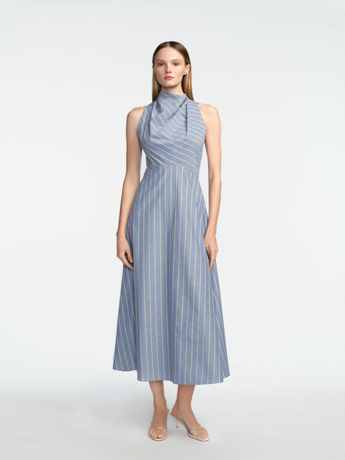 Striped Heathered Cotton Draped Halter Dress