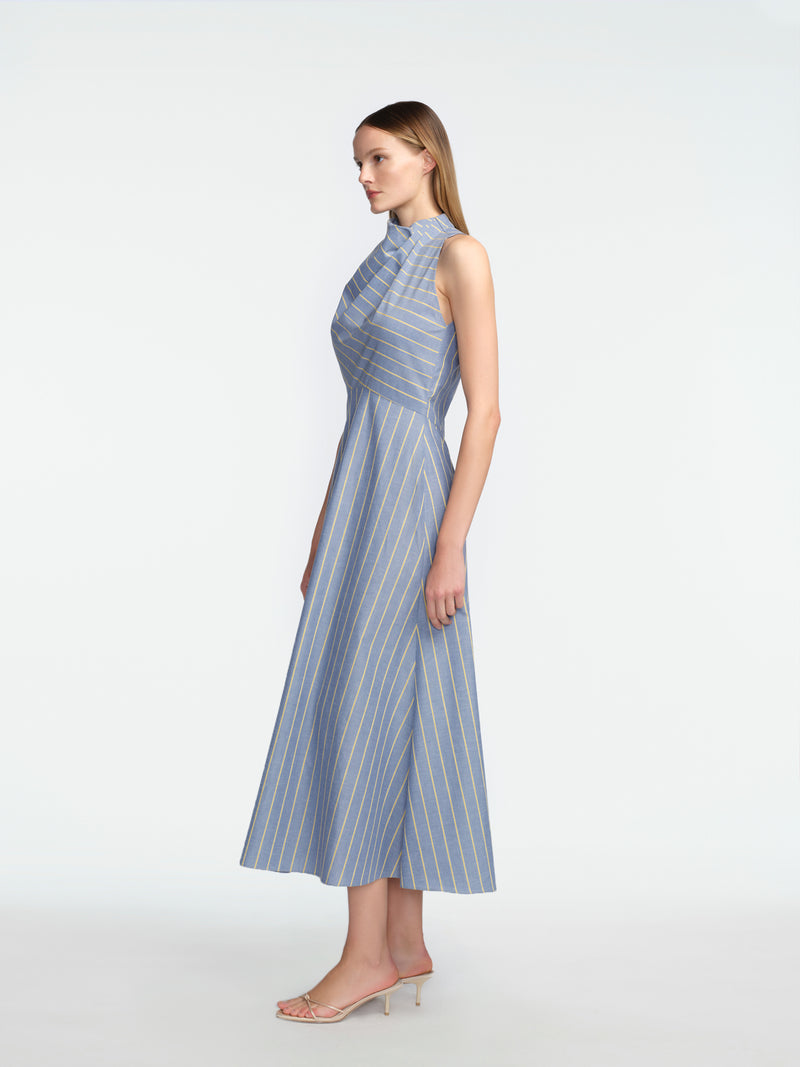 Striped Heathered Cotton Draped Halter Dress