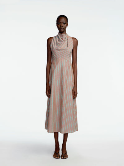 Striped Heathered Cotton Draped Halter Dress