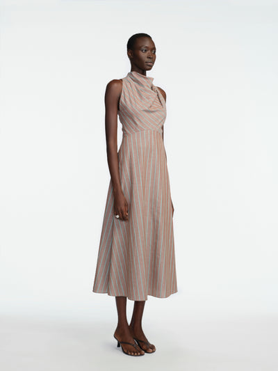 Striped Heathered Cotton Draped Halter Dress