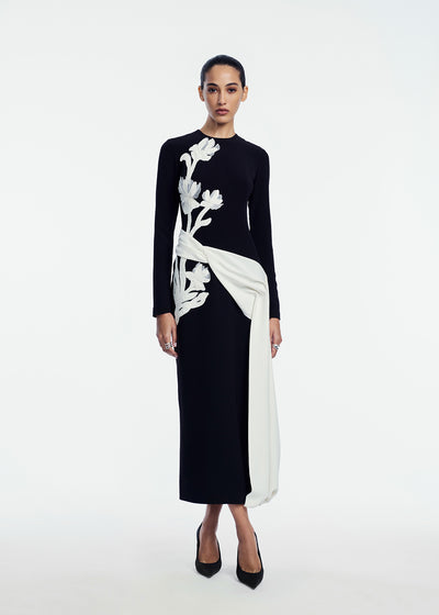 Floral Organza Embroidered Crepe Dress