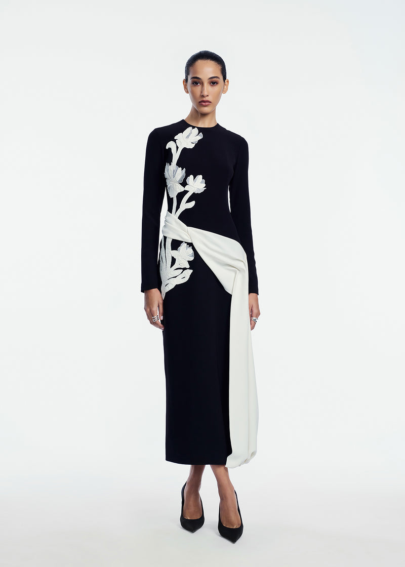 Floral Organza Embroidered Crepe Dress