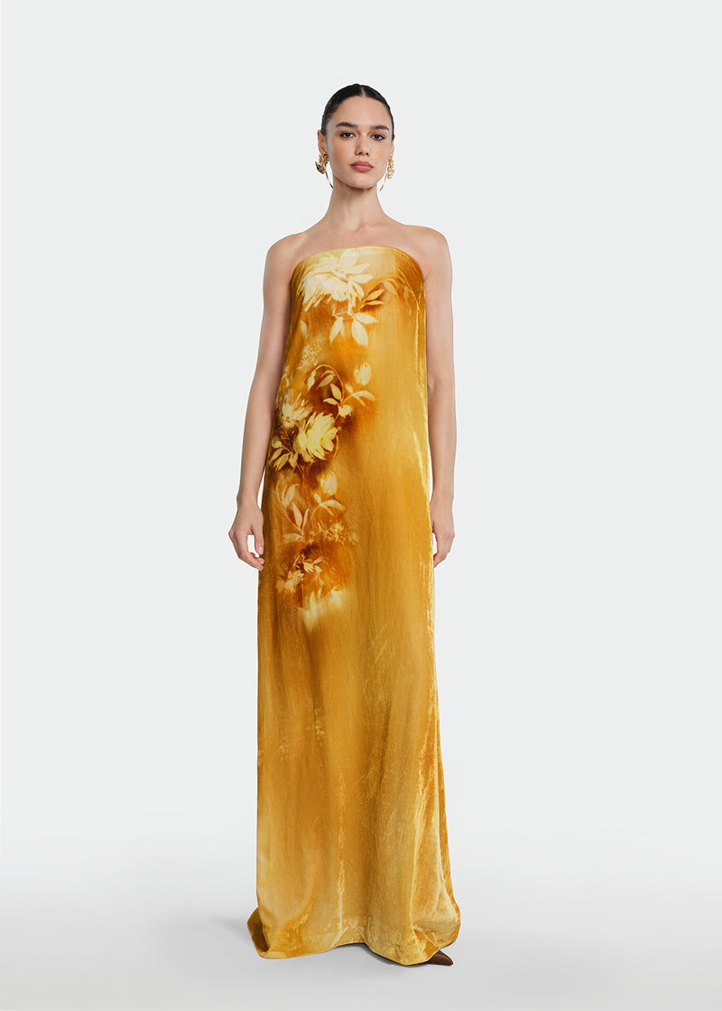 Floral Printed Velvet Strapless Gown
