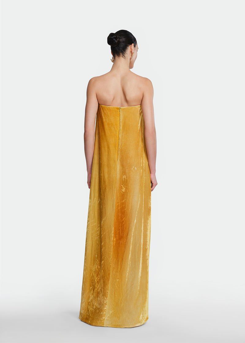 Floral Printed Velvet Strapless Gown