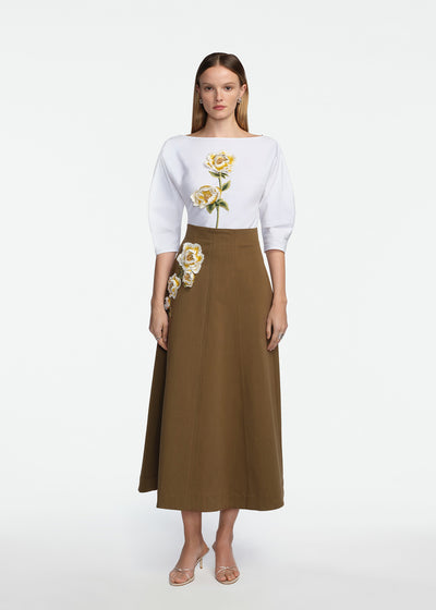 3D Peony Embroidered Rustic Stretch Cotton Skirt