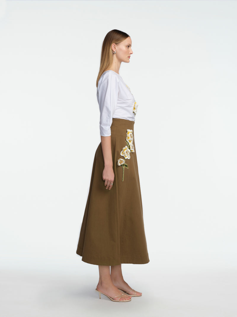 3D Peony Embroidered Rustic Stretch Cotton Skirt