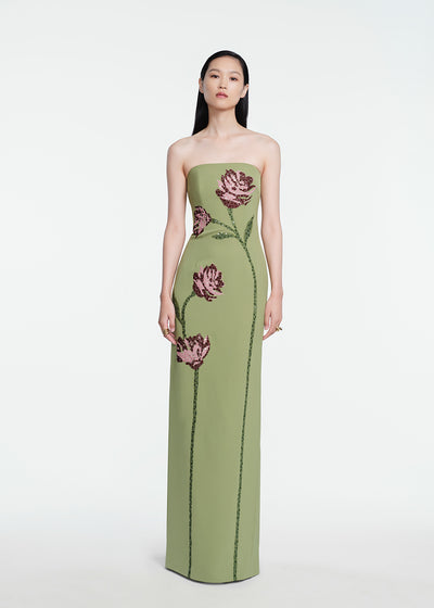 Floral Needlepoint Embroidered Fluid Crepe Ava Gown