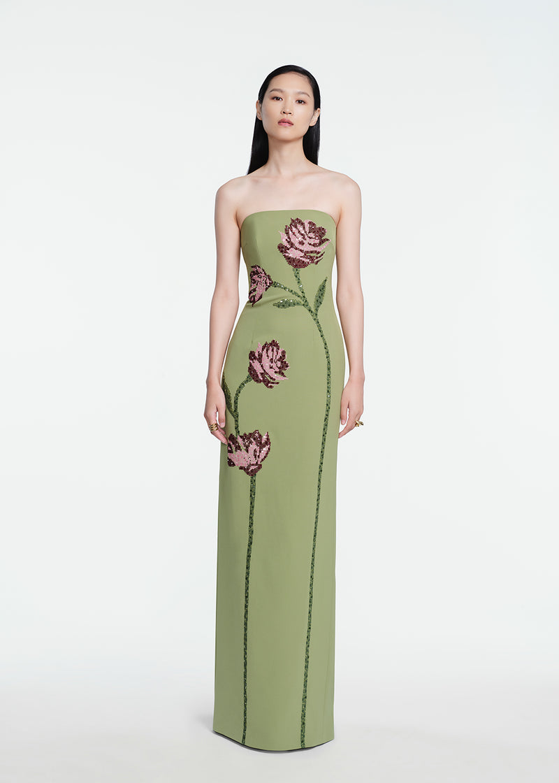 Floral Needlepoint Embroidered Fluid Crepe Ava Gown