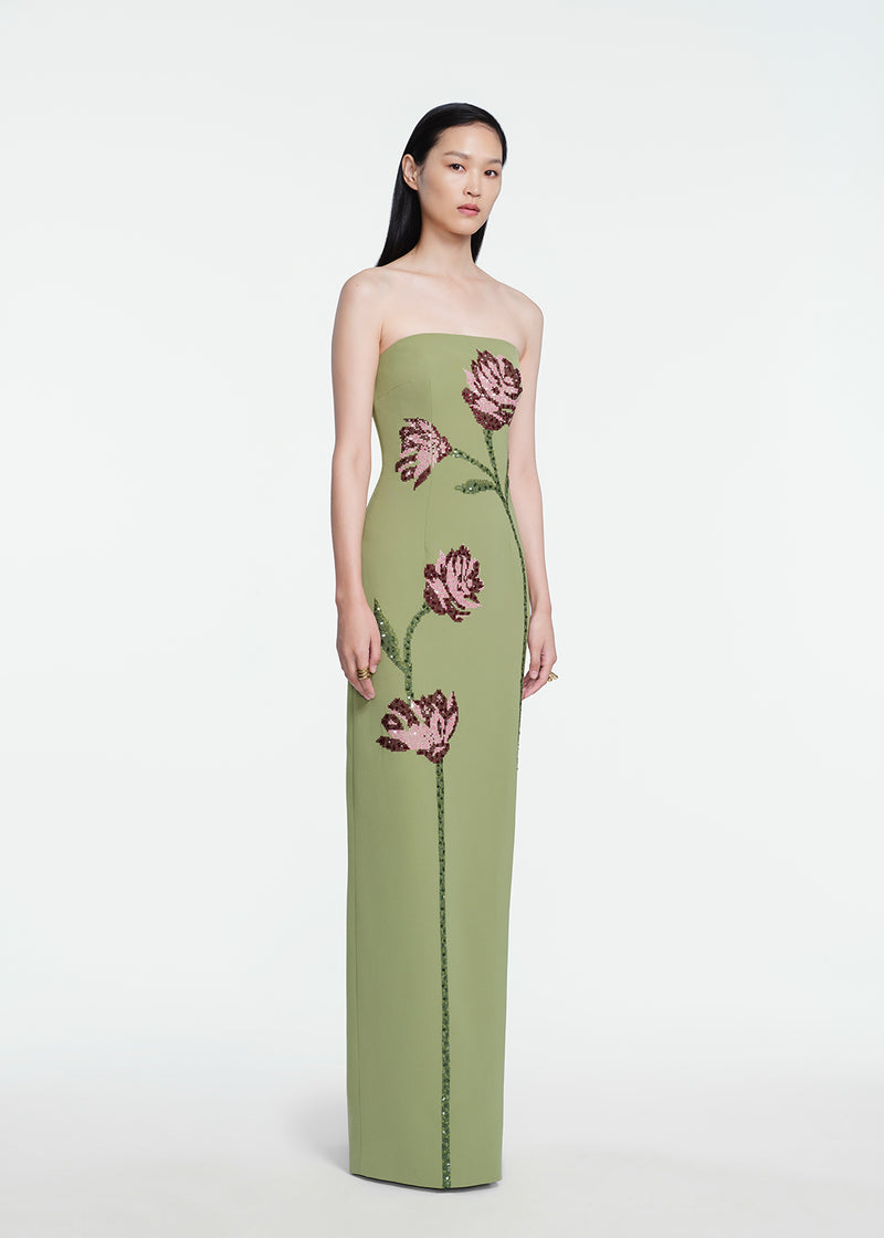 Floral Needlepoint Embroidered Fluid Crepe Ava Gown