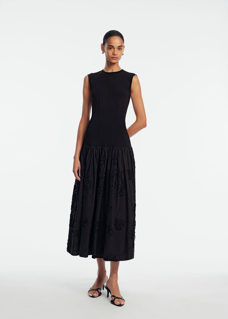 Lela Rose Ribbon Embroidered Cotton Combo Dress - Black Lela Rose Ribbon Embroidered Cotton Combo Dress - Black
