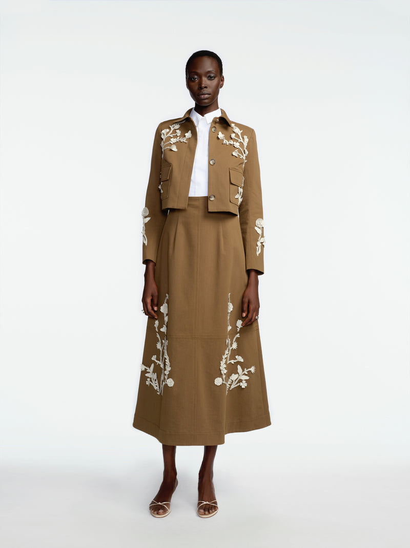 Leather Floral Embroidered Rustic Stretch Cotton Jacket