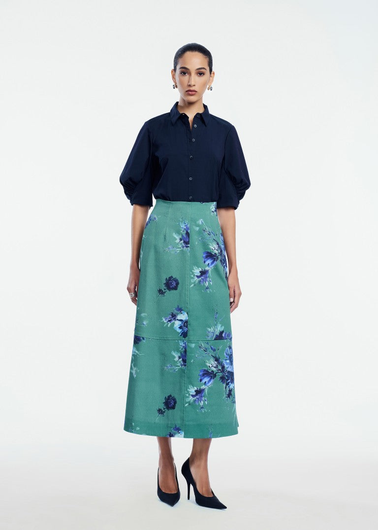 Floral Stretch Cotton Midi Skirt