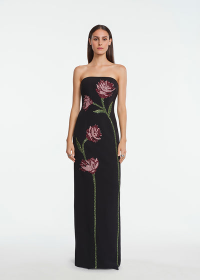 Floral Needlepoint Embroidered Fluid Crepe Ava Gown