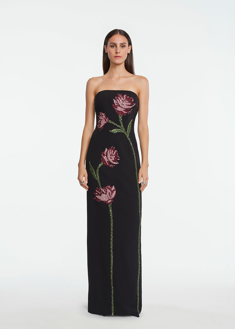 Floral Needlepoint Embroidered Fluid Crepe Ava Gown
