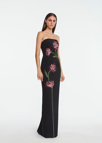 Floral Needlepoint Embroidered Fluid Crepe Ava Gown
