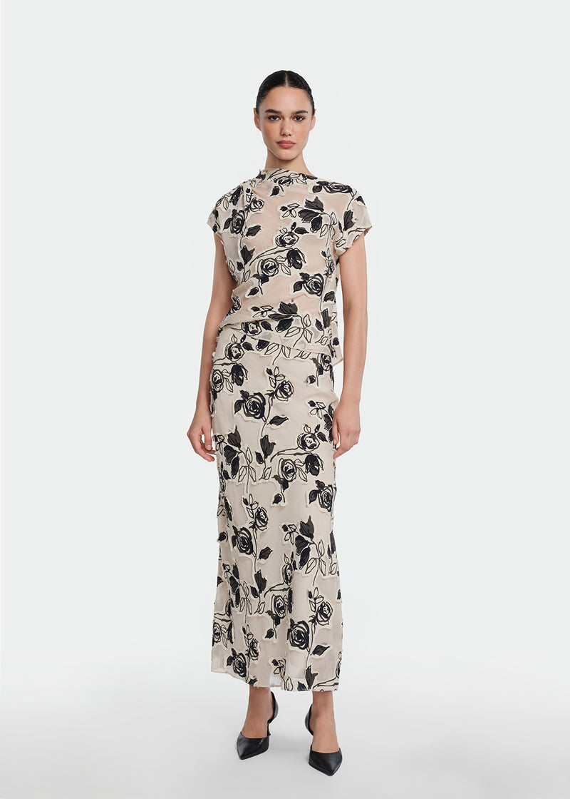Floral Cut Chiffon Draped Top