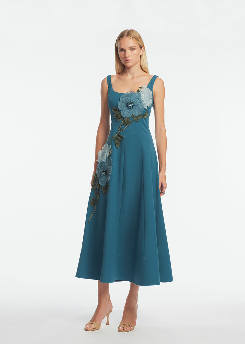 Lela Rose | Peony Embroidered Stretch Cotton Full Dress Lela Rose | Peony Embroidered Stretch Cotton Full Dress