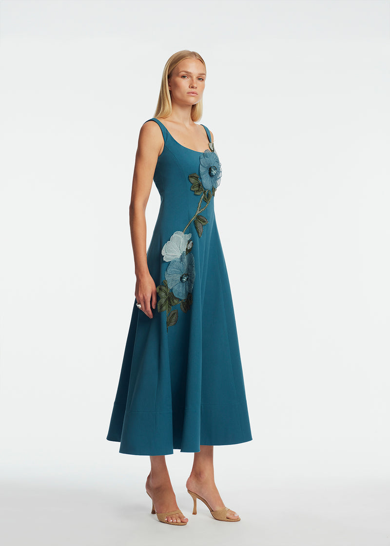 Lela Rose | Peony Embroidered Stretch Cotton Full Dress Lela Rose | Peony Embroidered Stretch Cotton Full Dress