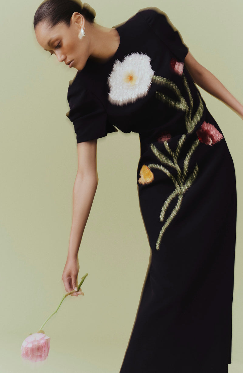Ikat Floral Embroidered Fluid Crepe Draped Dress