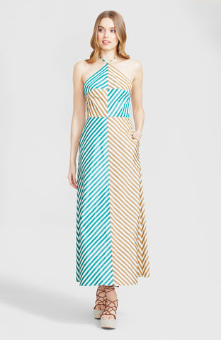Striped Taffeta Two-Tone Halter Midi Dress