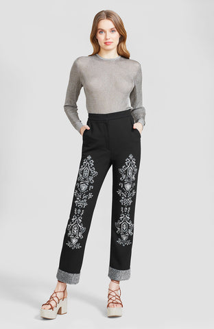 Embroidered Stretch Twill Straight Leg Pant