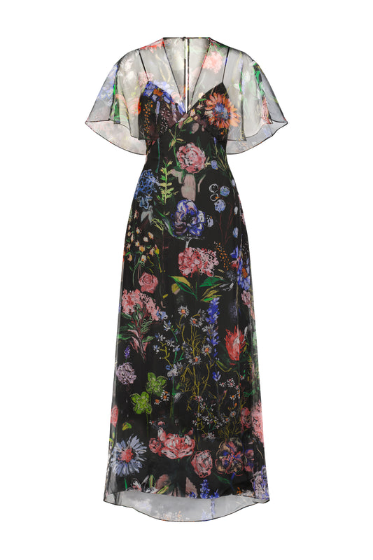 Floral Printed Organza V-Neck Dress