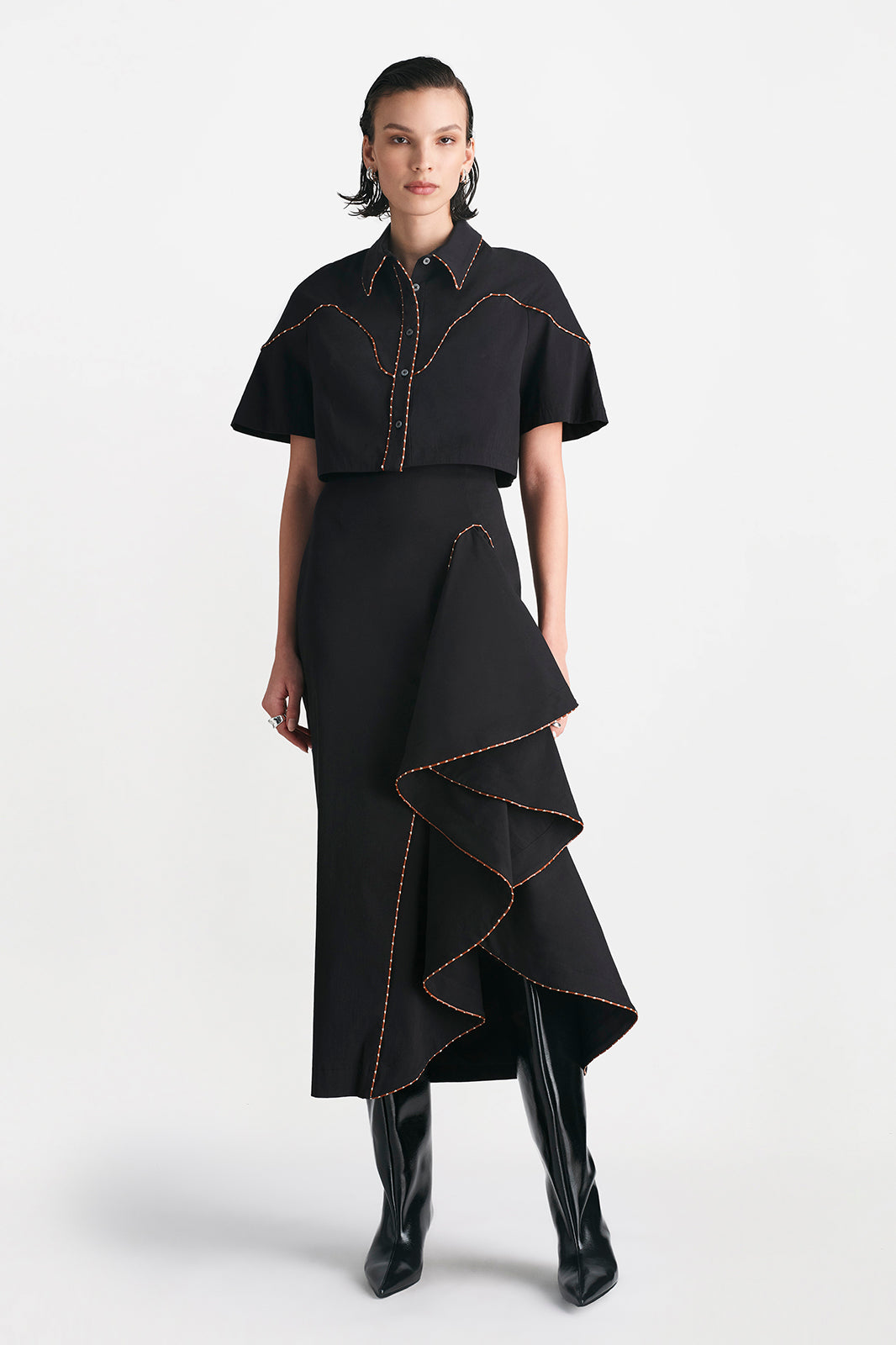 Cotton Poplin Ruffle Detail Pencil Skirt