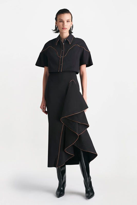 Cotton Poplin Ruffle Detail Pencil Skirt