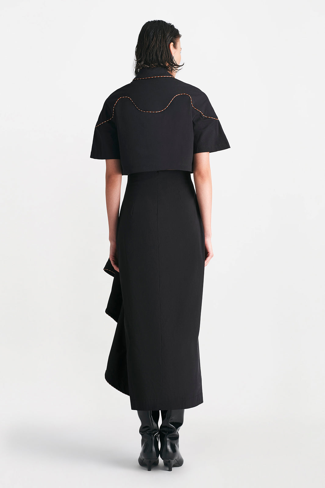Cotton Poplin Ruffle Detail Pencil Skirt