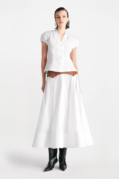 Cotton Poplin Button Front V Neck Blouse