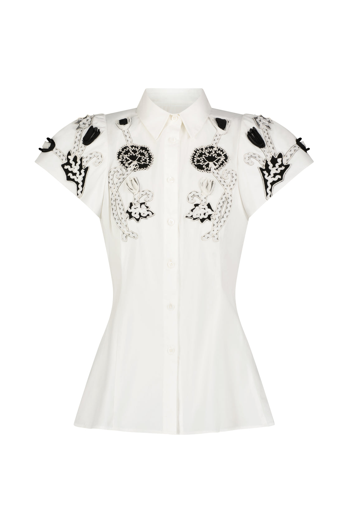 Abstract Floral Embroidery Seamed Short Sleeve Shirt