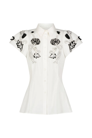 Abstract Floral Embroidery Seamed Short Sleeve Shirt