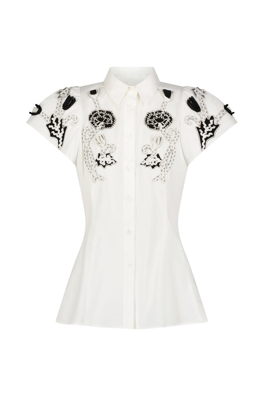 Abstract Floral Embroidery Seamed Short Sleeve Shirt