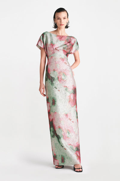 Watercolor Jacquard Boatneck Gown