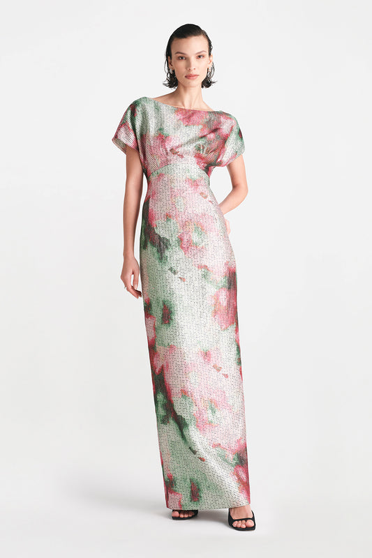Watercolor Jacquard Boatneck Gown