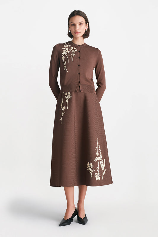 Raffia Embroidered Knit Long Sleeve Cardigan