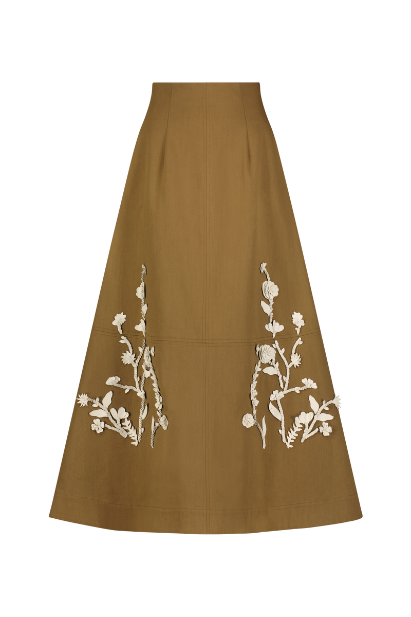 Leather Floral Embroidered Rustic Stretch Cotton Skirt