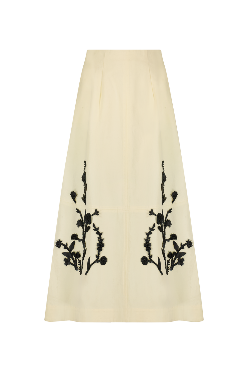 Leather Floral Embroidered Rustic Stretch Cotton Skirt