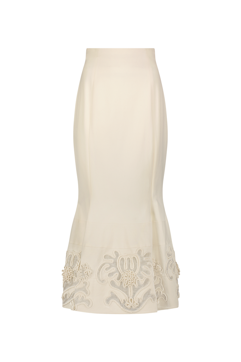 Cord Embroidered Stretch Cotton Trumpet Skirt