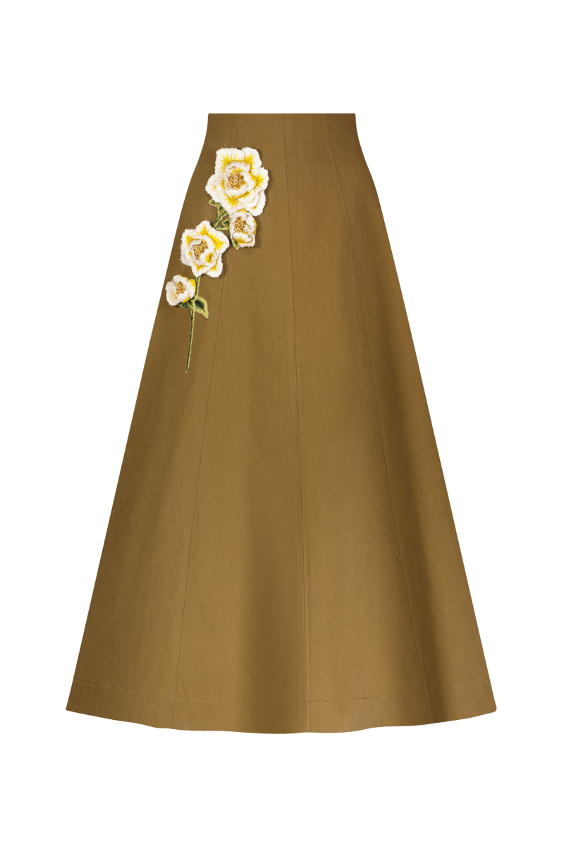 3D Peony Embroidered Rustic Stretch Cotton Skirt