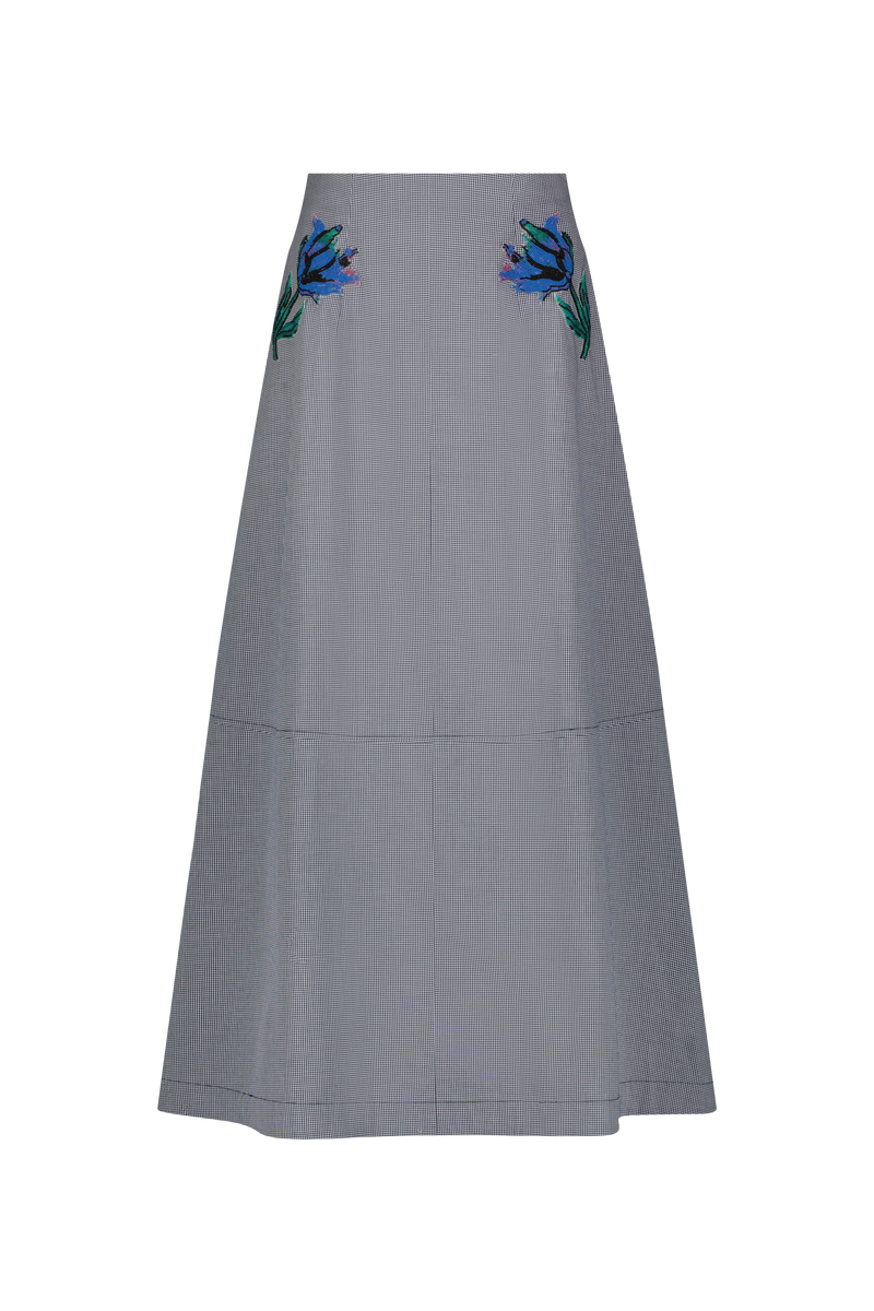 Floral Bead Embroidered Mini Check Cotton Skirt
