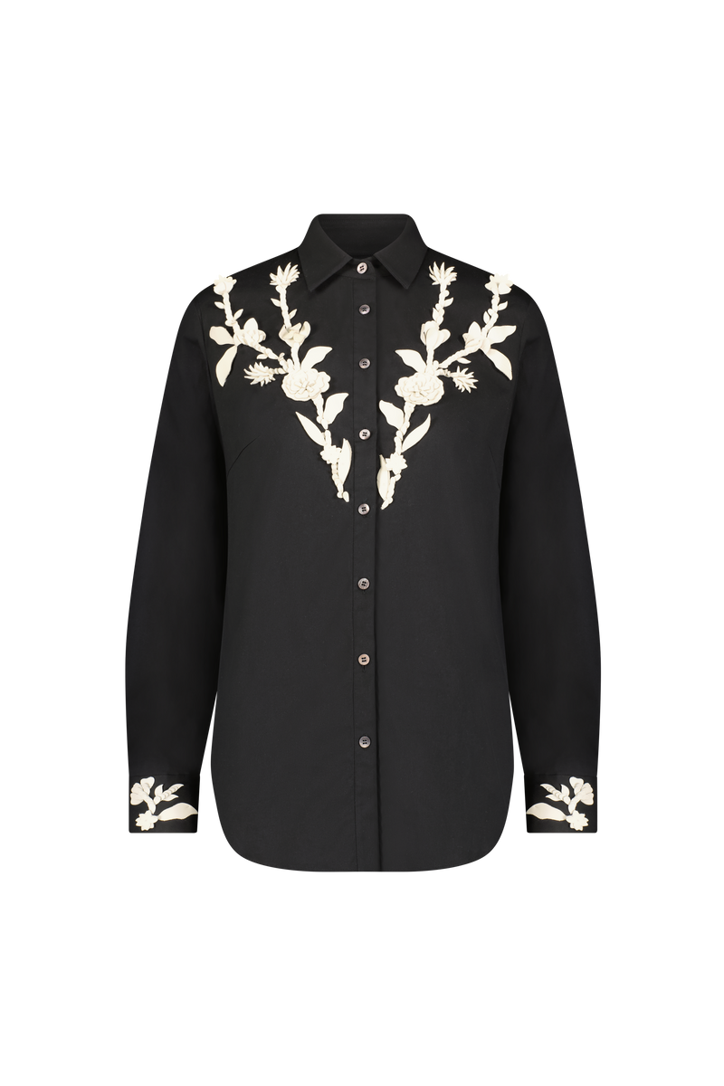 Leather Floral Embroidered Cotton Poplin Shirt