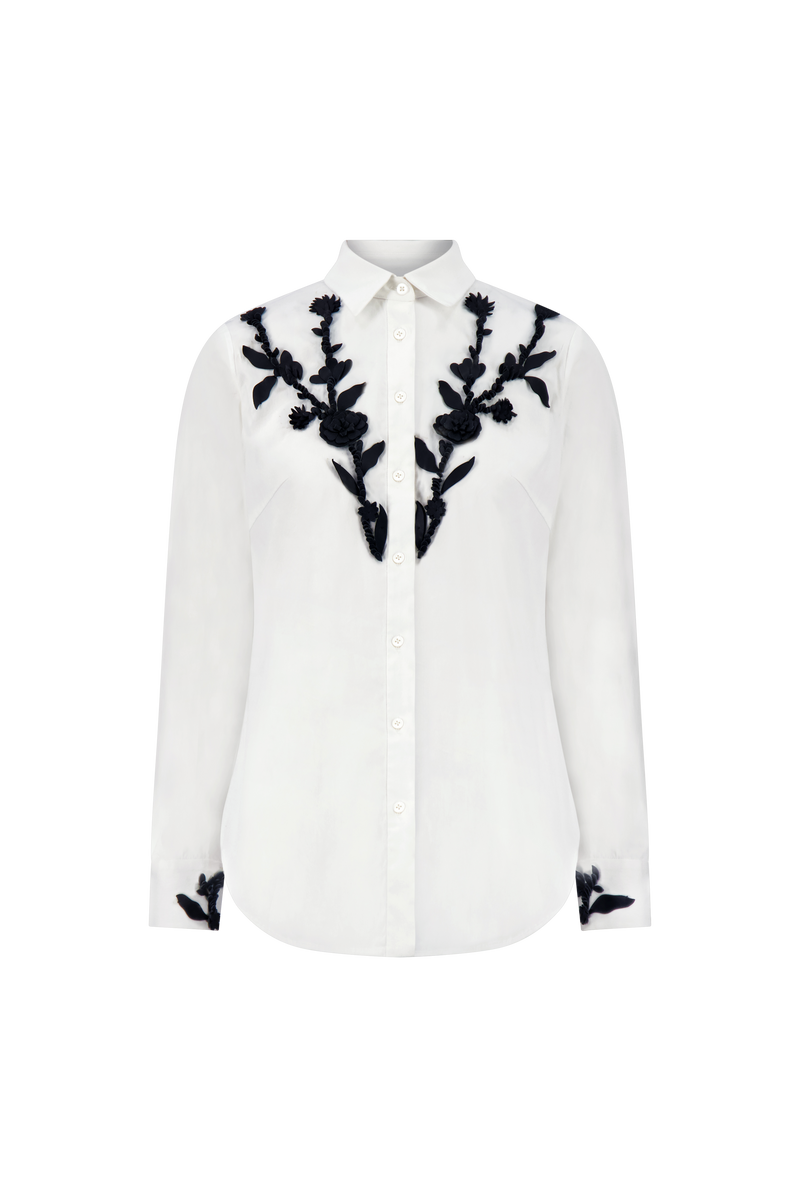 Leather Floral Embroidered Cotton Poplin Shirt