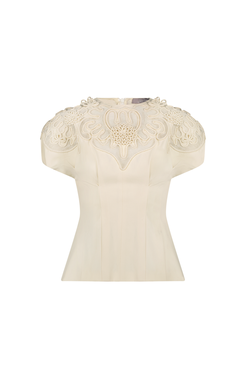 Cord Embroidered Stretch Cotton Bubble Sleeve Top