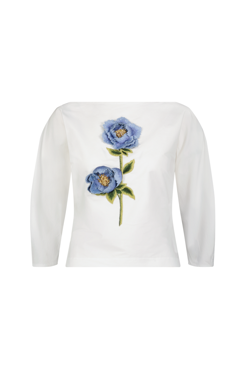 3D Peony Embroidered Cotton Poplin Top
